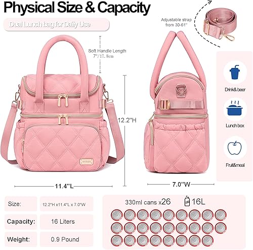 Miniatura 5 de Weitars Lonchera para mujeres y hombres, lonchera de doble cubierta para mujeres, bolsa de almuerzo acolchada para el trabajo, lonchera aislada a