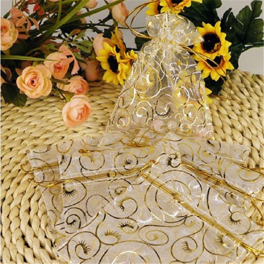 YYaaloa 100PCS Mini Sheer Organza Bags, Drawstring Chic Gift Beauty Bags, Wedding Favor Bags Candy Jewelry Gift Bags (Gold, 4 x 4.72 Inches) - Image 6