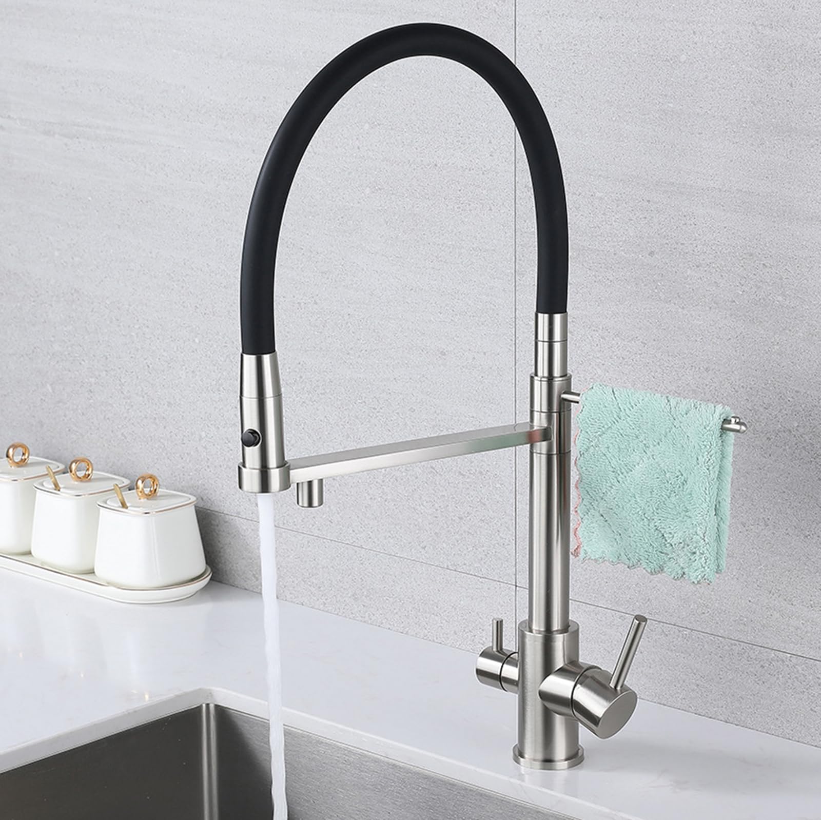 XJTNLB Rubinetto Tre Vie Cucina con Doccetta Miscelatori per Cucina Rubinetto a Osmosi Uscita Acqua in Silicone Doppia Maniglia Dual Mode Ottone Cromo