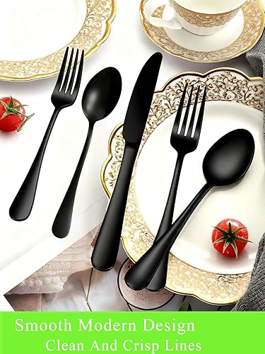 Miniatura 8 de Juego de tenedores y cucharas negros, juego de 16 tenedores y cucharas de acero inoxidable de grado alimenticio superior, juego de cubiertos de