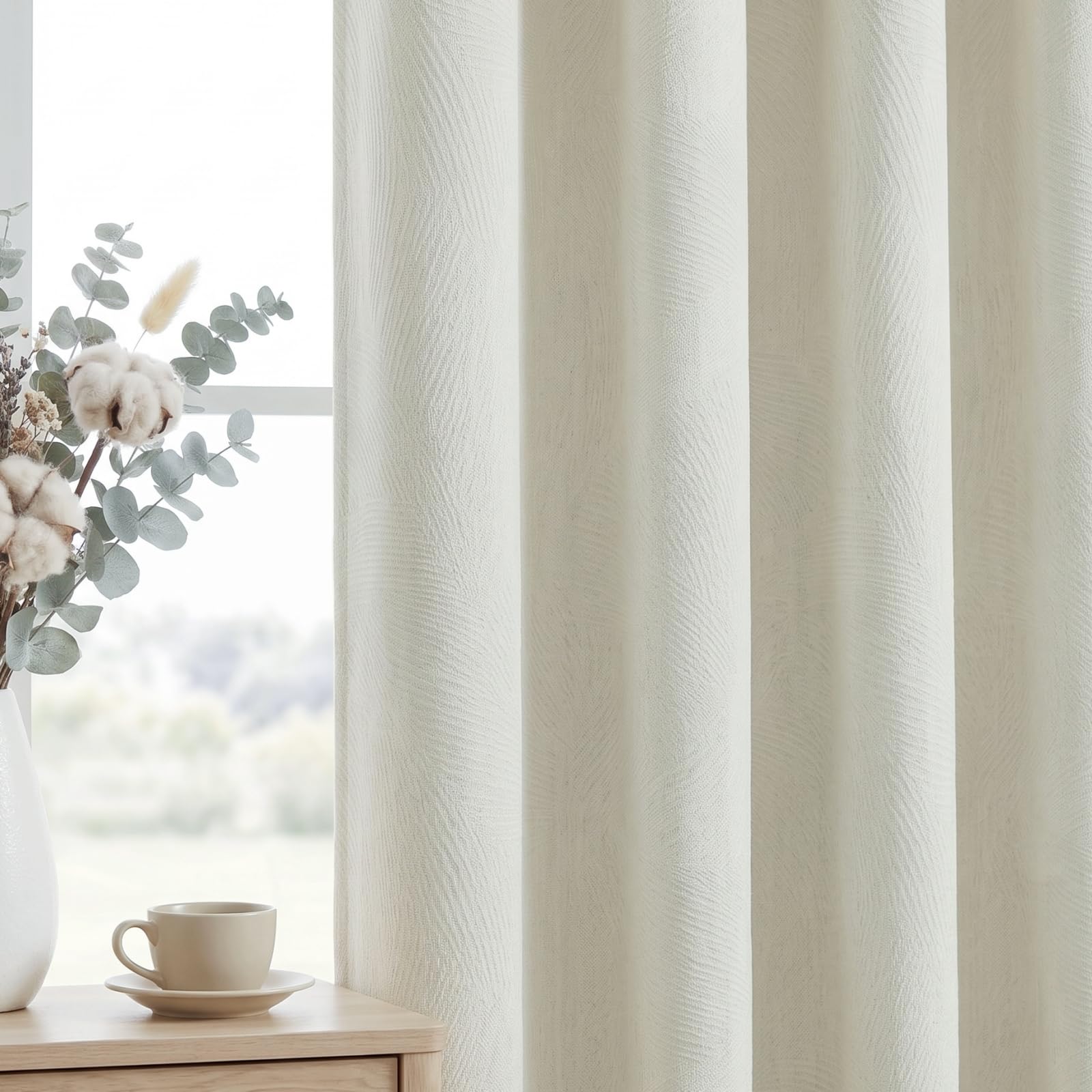 Ivory White Curtains with 3D Leaf Textured - Cream White Eyelet Curtains for Living Room & Lounge, 102 inch Drop, 85-95% Room Darkening, Thermal Insulated No Coating 2 Panels for Bedroom & Office — image 1
