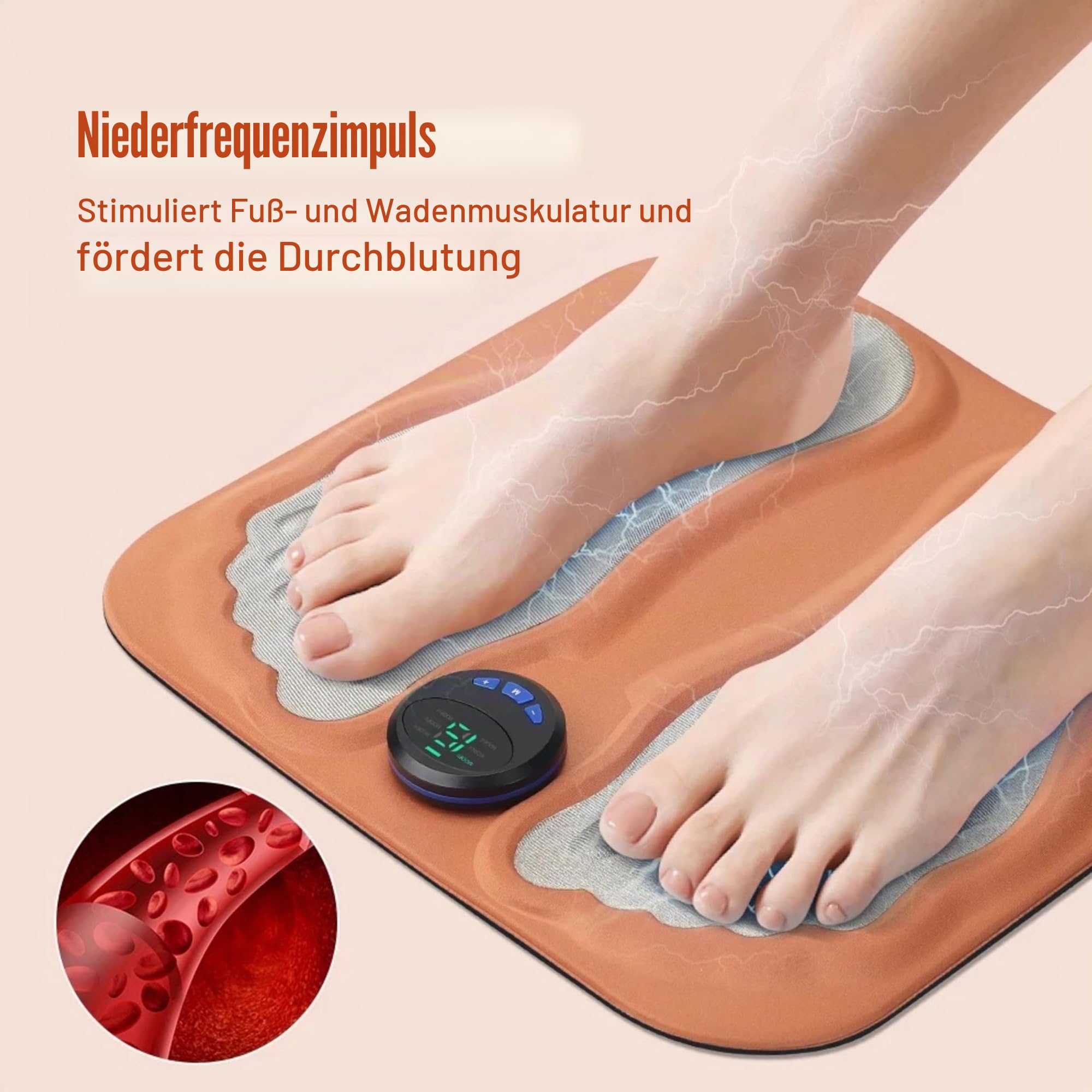 Lalano’S Cosmetics 3D Fußmassagematte – Fußmassagegerät mit niederfrequenten Impulsen, 6 Massageprogrammen & 15 Intensitätsstufen, fördert Durchblutung & Lymphfluss, kabellos, weich & faltbar