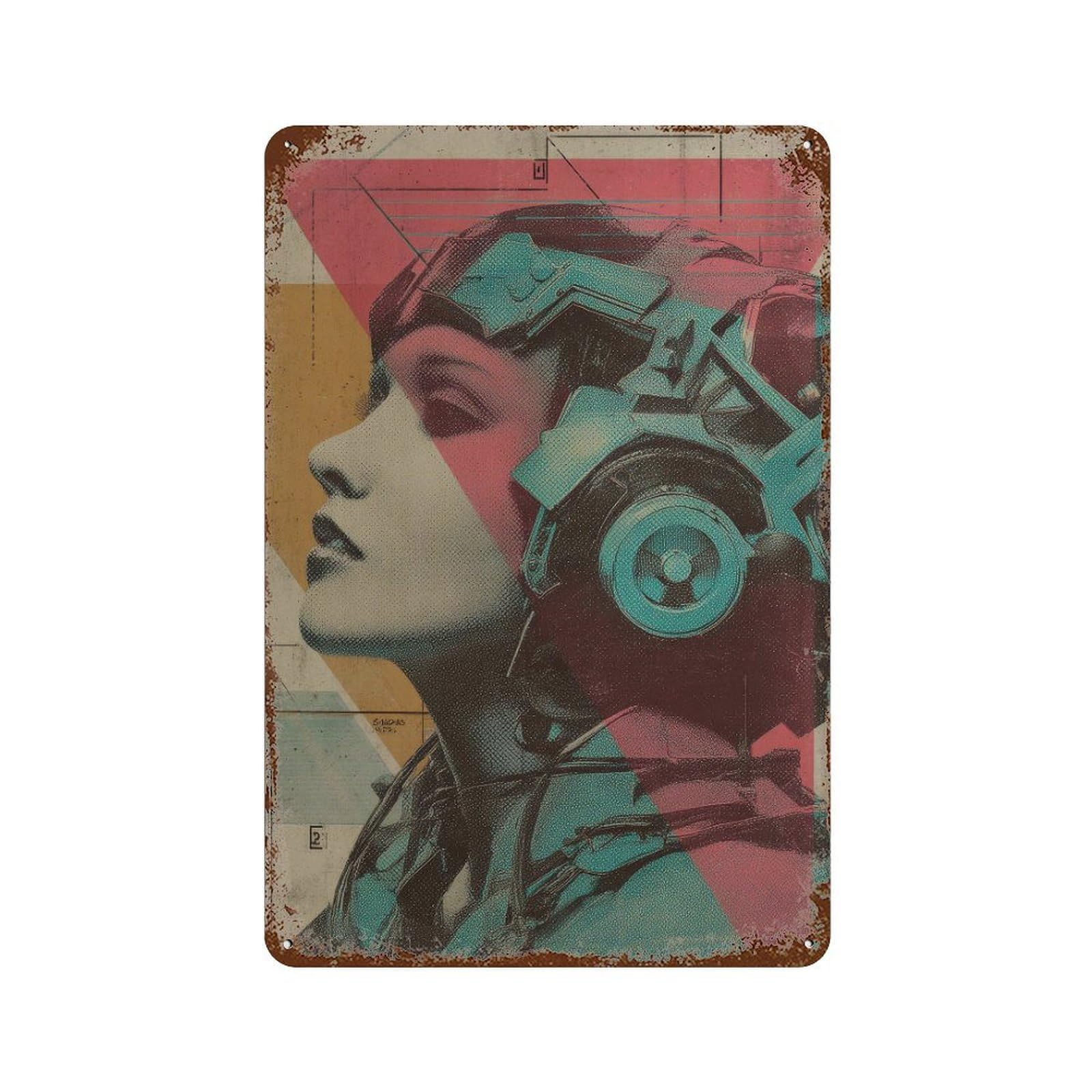 xiaoxiaoshen Futuristic Female Portrait. Retro Futurism Japanese Pop Wall Decor Art Metal Tin Poster Modern Home Decor Art Home Bar Shop Decorations Vintage Sign 30x20cm