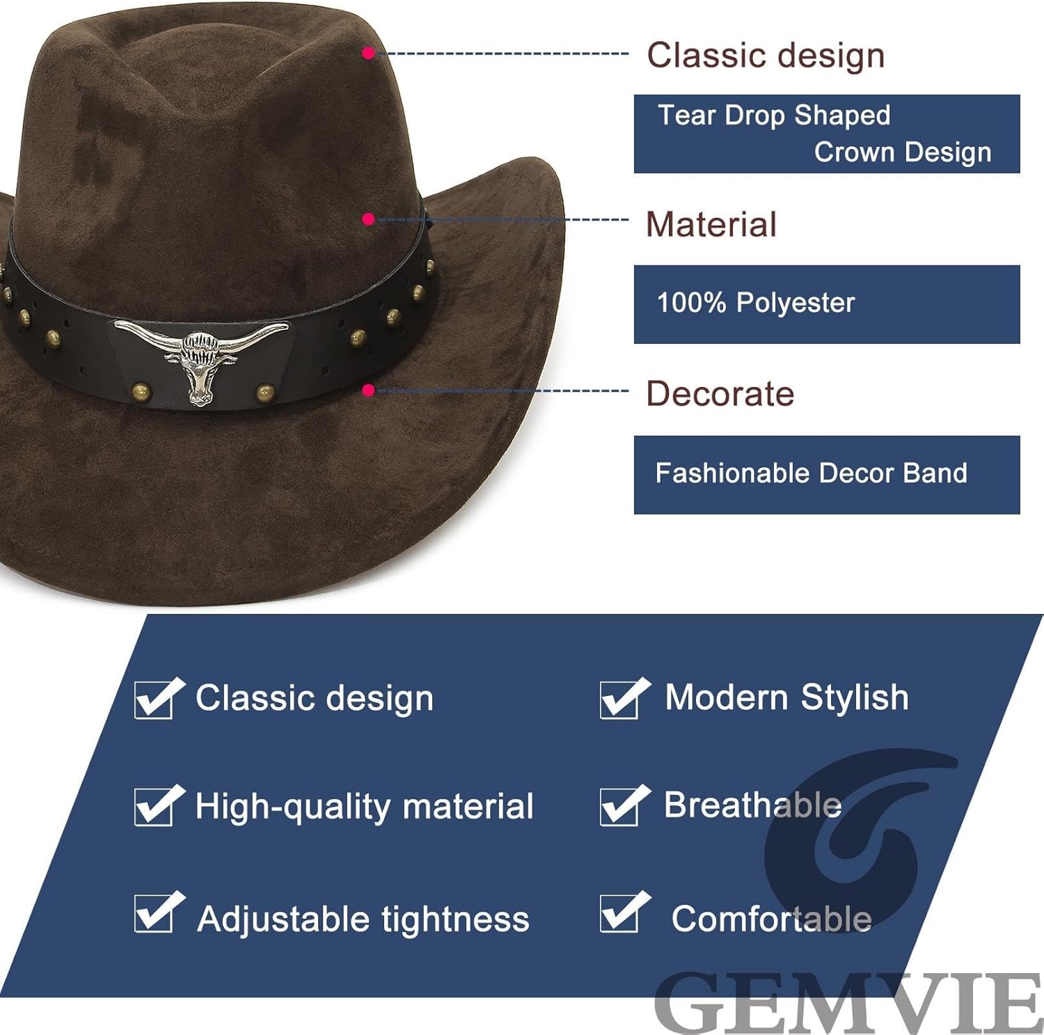 GEMVIE Suede Cowboy Hat for Men Women Roll up Brim Cowgirl Hat Classic Country Cowboy Hat - Image 5