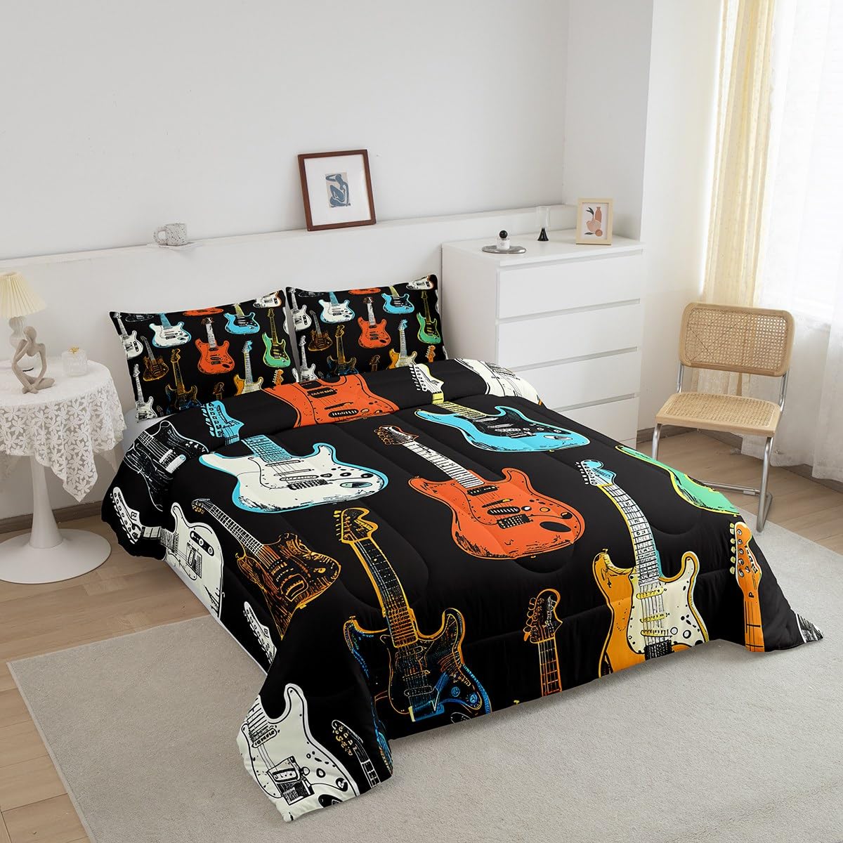 Castle Fairy Juego de ropa de cama de guitarra colorida, tamaño matrimonial, edredón de instrumentos musicales para niños, adolescentes, amantes de la música, bajo rock, edredón de plumón, estilo