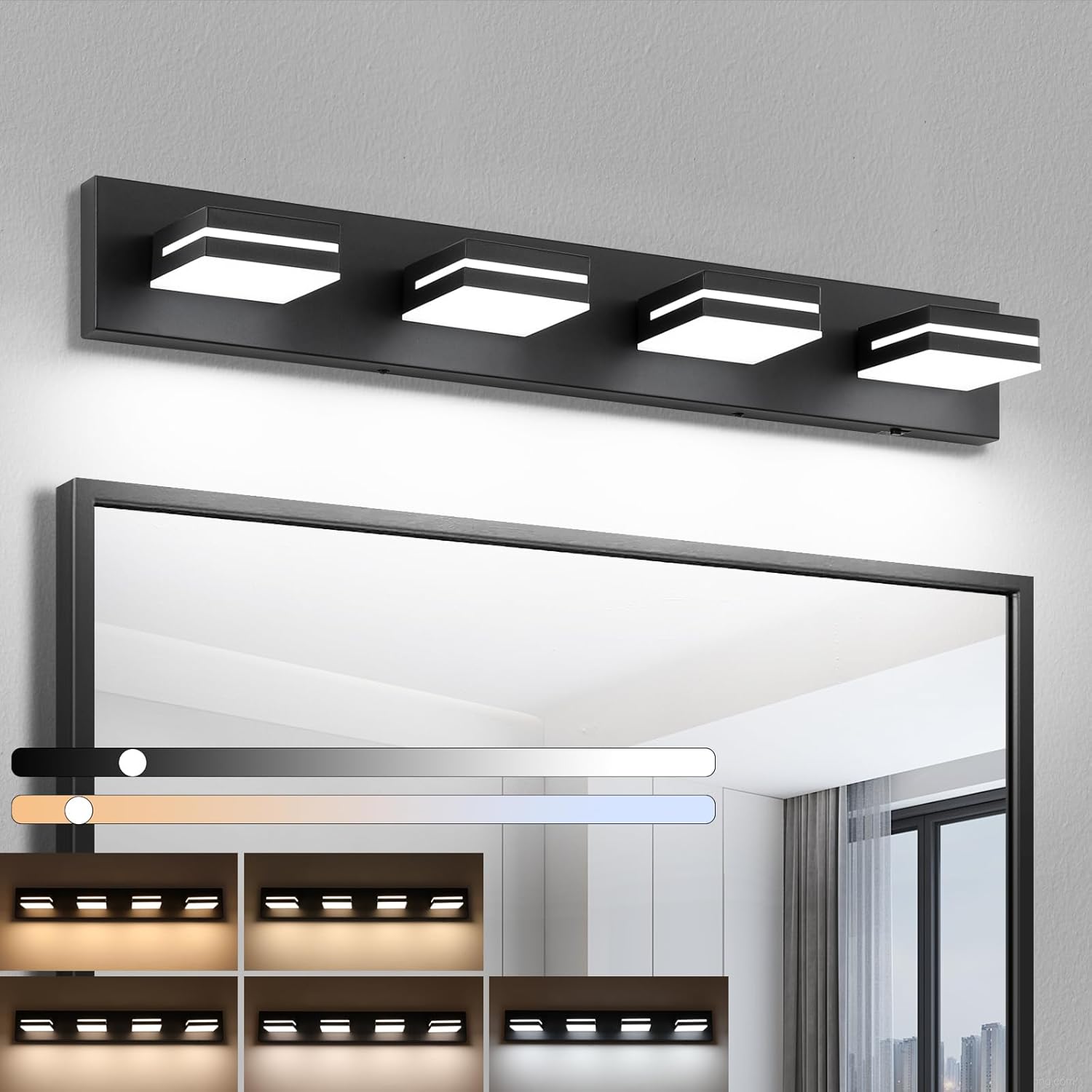 Bathroom Vanity Lighting Fixtures Over Mirror (4-Light, 30-Inch) Dimmable Modern LED Bathroom Wall Lighting Fixtures, Matte Black (3000K/3500K/4000K/5000K/6000K)