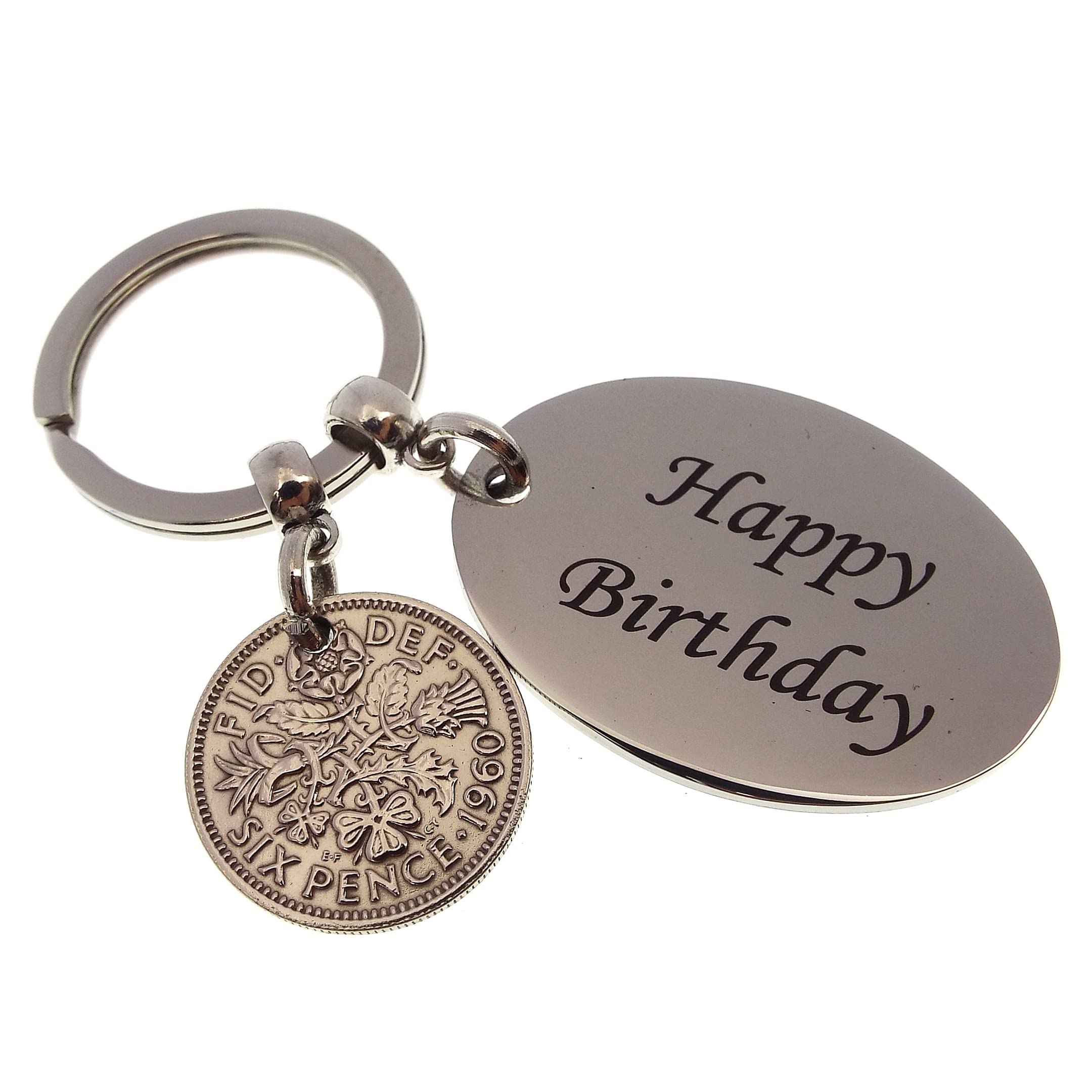 A Silver Dream 1960 HAPPY BIRTHDAY Sixpence Coin Keyring