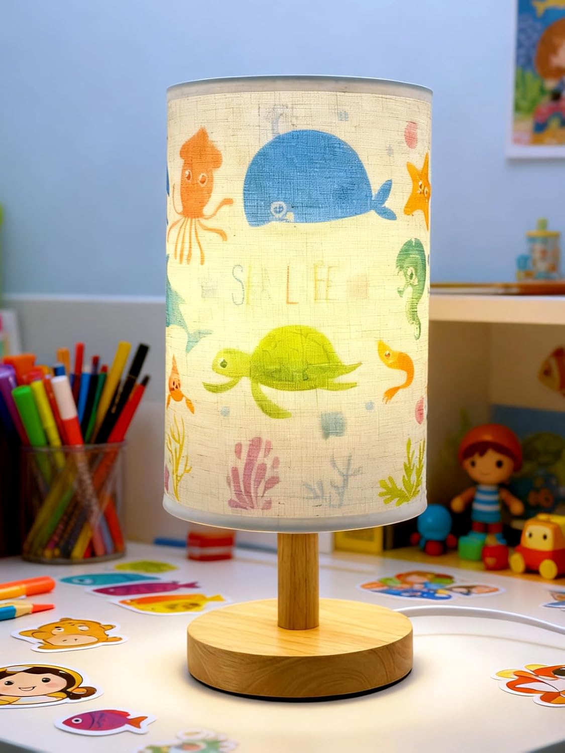 Kids Table Lamp for Bedroom Nightstand, Gift for Boys-3Color LED Bedside Reading Night Light whit Ocean Shade and Wood Base Christmas Decor Ocean Lamps for Kids Room, Living, Nursery for Sea Lovers