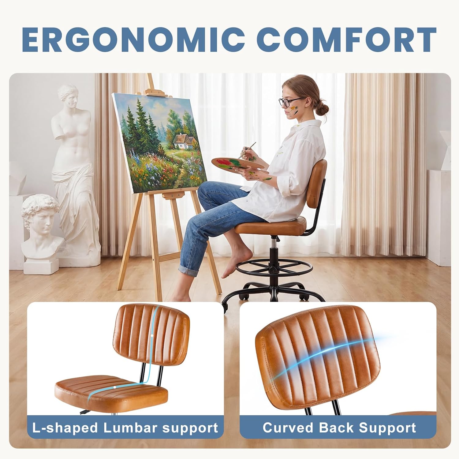 DUMOS Armless Drafting Chair, Low Back Office Seat with Adjustable Footrest Ring for Standing Desk, Ergonomic PU Leather Office Seating, Swivel Rolling High Stool for Studio, Lab, Counter, Brown