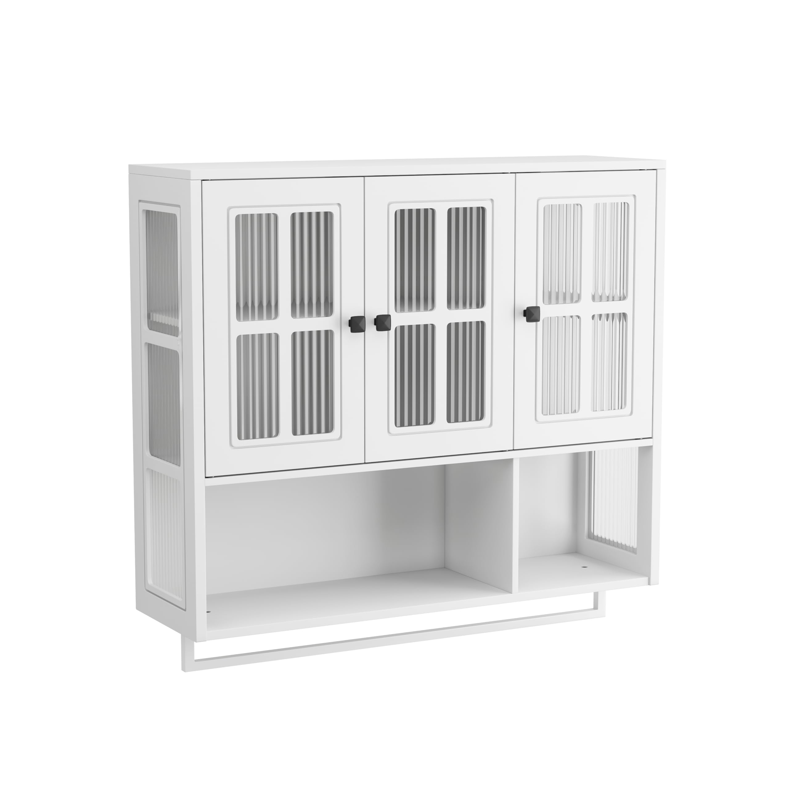 HAINEW Hängeschrank Küchenschrank Wandschrank mit 3 Glastüren und Handtuchhalter, Metal und Glas Hängend Badschrank Medizinschrank mit Offenes Ablagefach Küche Bad, 88×26×82,5cm (Weiß)
