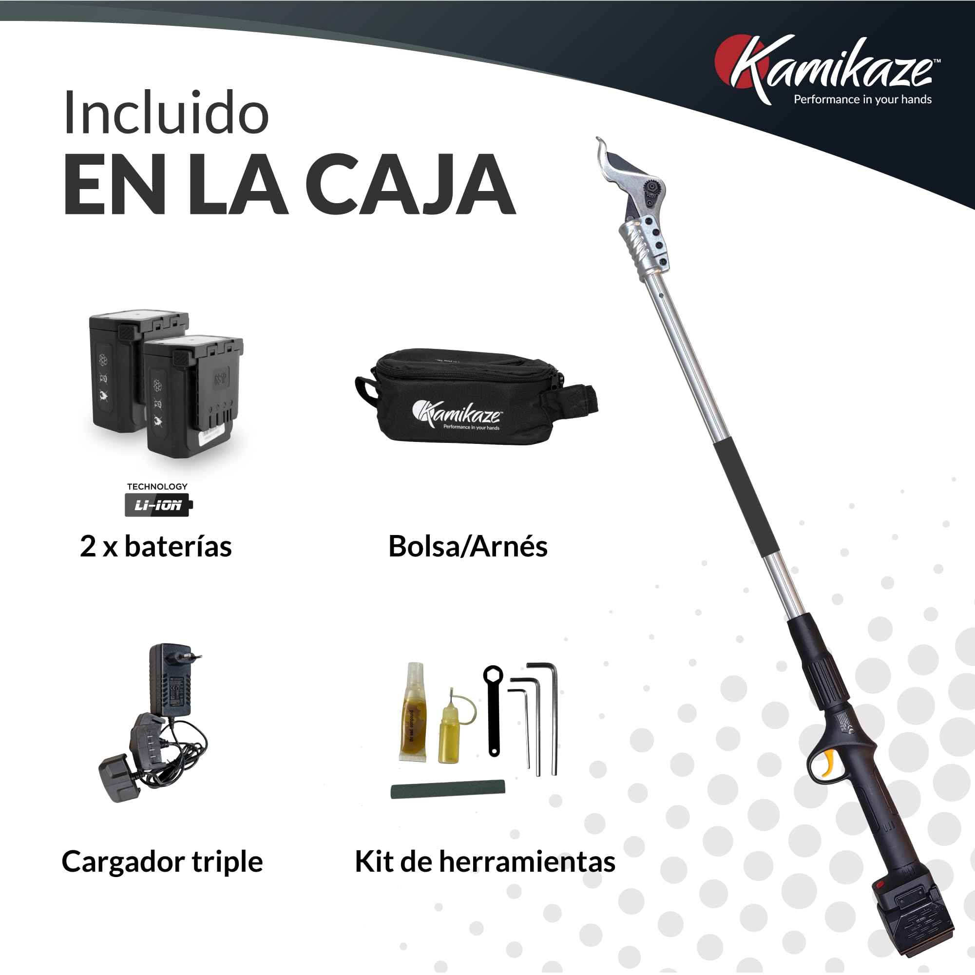 KAMIKAZE KV155. Tijera Eléctrica en altura sin cables. Corte Ø 40 mm. Longitud pértiga 155 cm. Hasta 8 horas autonomía. Incluye dos baterías de litio recargables. Poda Eléctrica