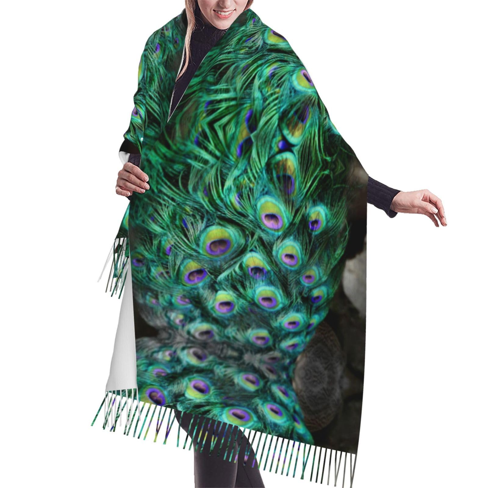 Hahafu Women's Black Peacock Green Feather Luxury Soft Faux Cashmere Scarf-Extra Long Winter Shawl Wrap With Fringe,Full Print Design,Warm Fashion Accessory For