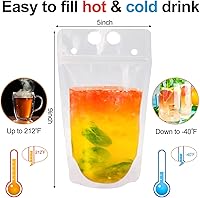 Vista 3 de Ozera 100 bolsas para bebidas, bolsas reutilizables de jugo de 16 onzas para adultos, bolsas de plástico resistentes para batidos con 100 popotes