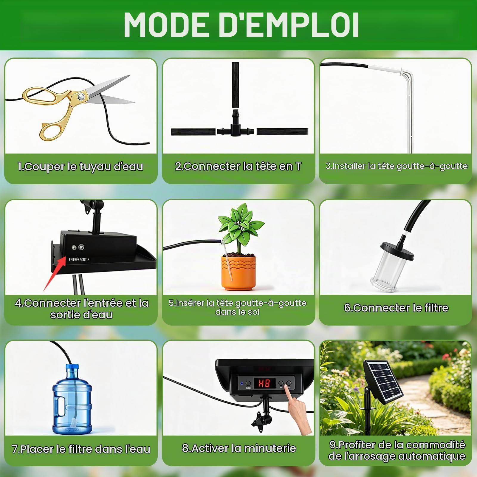 Système D'arrosage Solaire, Arrosage Goutte a Goutte Automatique Pour Jardin Avec Tuyau De 15 M, Pour 15 Pots, Alarme Automatique, Arroser Les Plantes, Pour Le Jardin, Le Balcon