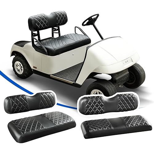 NOKINS 4PCS Golf Cart Diamond Seat Covers Kit, Front&Rear Seat Covers Fits EZGO TXT 1994-2013/EZGO RXV Standard Seat Cushion, EZGO Vinyl Seat Cover Accessories, No Staples(Black&Black Stitch)