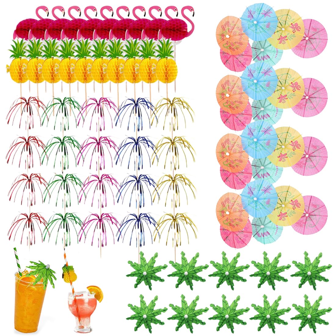 70 Pezzi Ombrelli da Cocktail 3D Fenicottero Ananas Fireworks Palma Decorazioni Cocktail Party per Bevande Matrimonio Festa Estiva Compleanno Decorazione