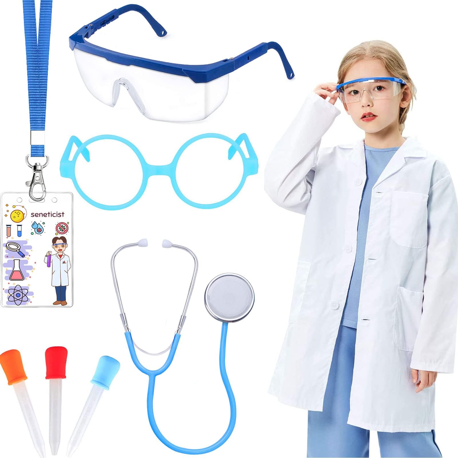 6 Pcs Kids Scientist Doctor Costume set White Lab Coat with Goggles ID card Role Play Dress Up Accessories Scientist Experiment Toys for Kids Boys Girls
