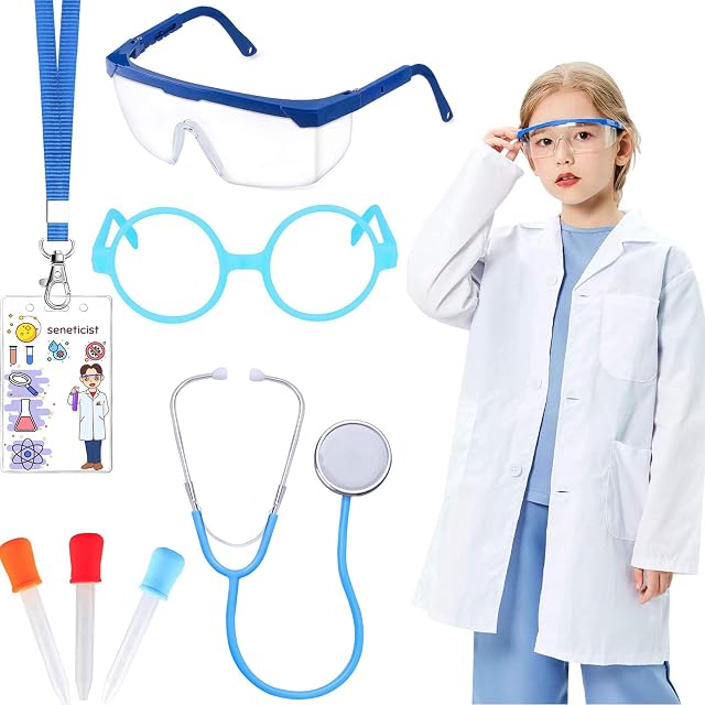 6 Pcs Kids Scientist Doctor Costume set White Lab Coat with Goggles ID card Role Play Dress Up Accessories Scientist Experiment Toys for Kids Boys Girls