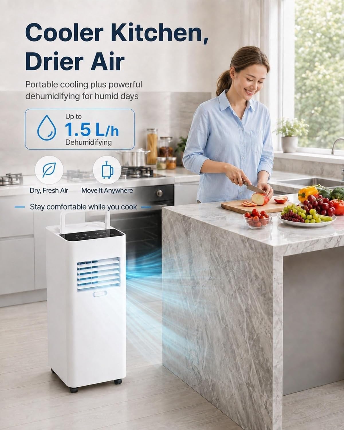Przenośny klimatyzator 7000 BTU, przenośna chłodnica powietrza 150 m³/h, funkcja osuszania 1,5 l/h, cicha prędkość 45 DB, automatyczne oscylacje do