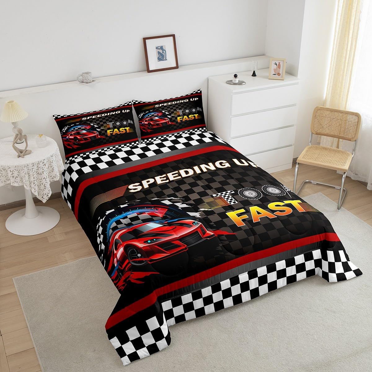 Castle Fairy Cool Automobile Style Bed Comforter Set Queen Size,Extreme Sports Theme Super Soft Microfiber Bedding Set for Adults Teens,Racing Car Theme Comforter Set,2 Pillowcases