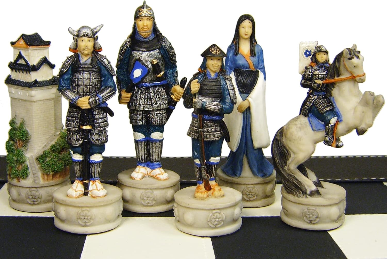 Japanese Samurai Chess Set Hand Painted w/ 18" Black Faux Leather Board