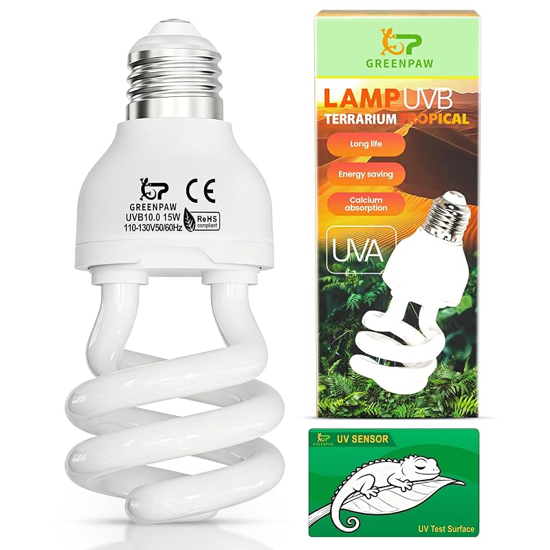 Lâmpada UVB 10.0 para Répteis 15 W com UVA, Base E26 e Cartão de Teste GREENPAW - 1 Unidade