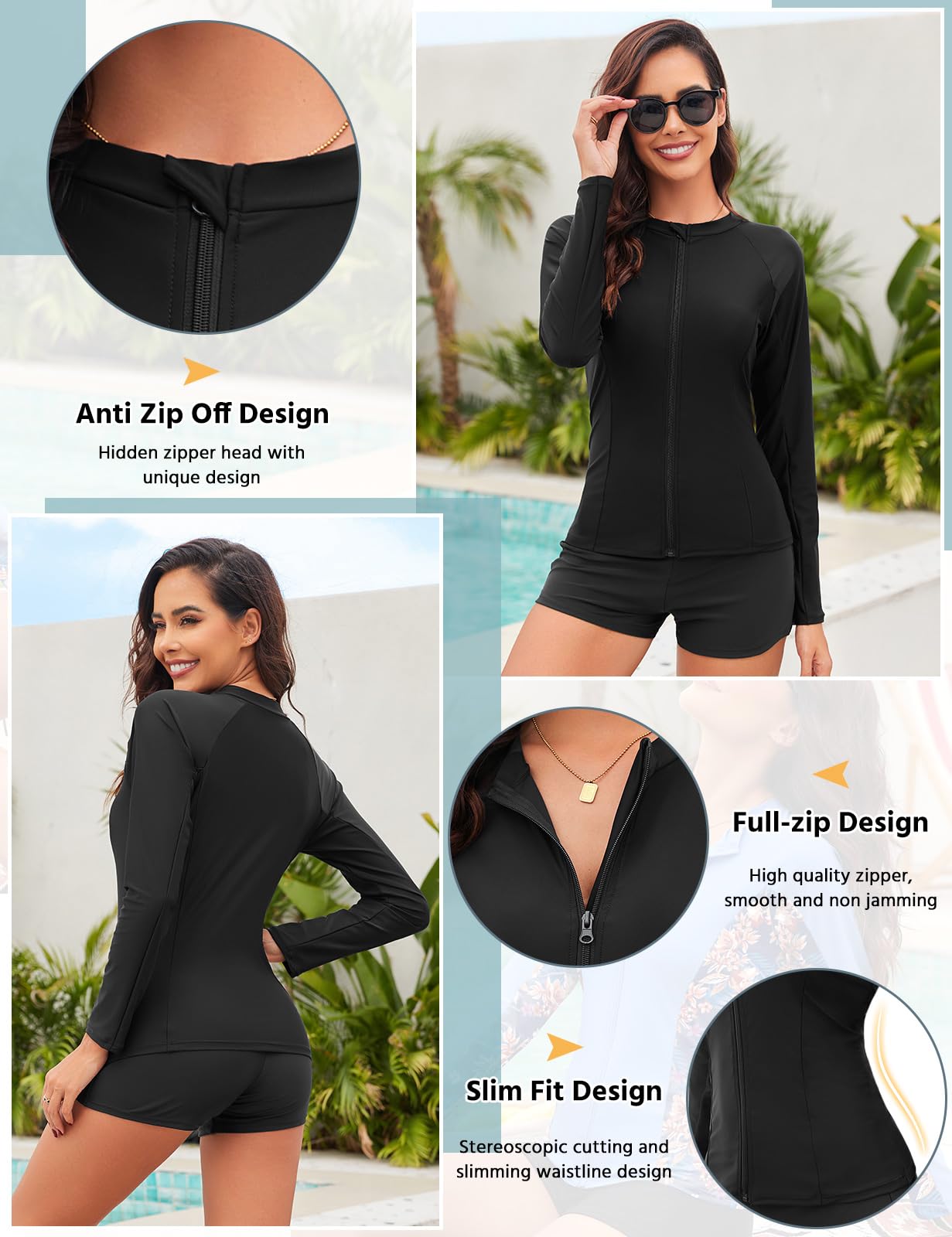 Tuopuda UV Shirt Damen Schwimmshirt Langarm Rash Guard mit Zip UPF 50+ UV Schutz Rashguards Badeshirt Langarmshirts Sportshirt für Wasser Strand Surfen Schwimmen S-XXL