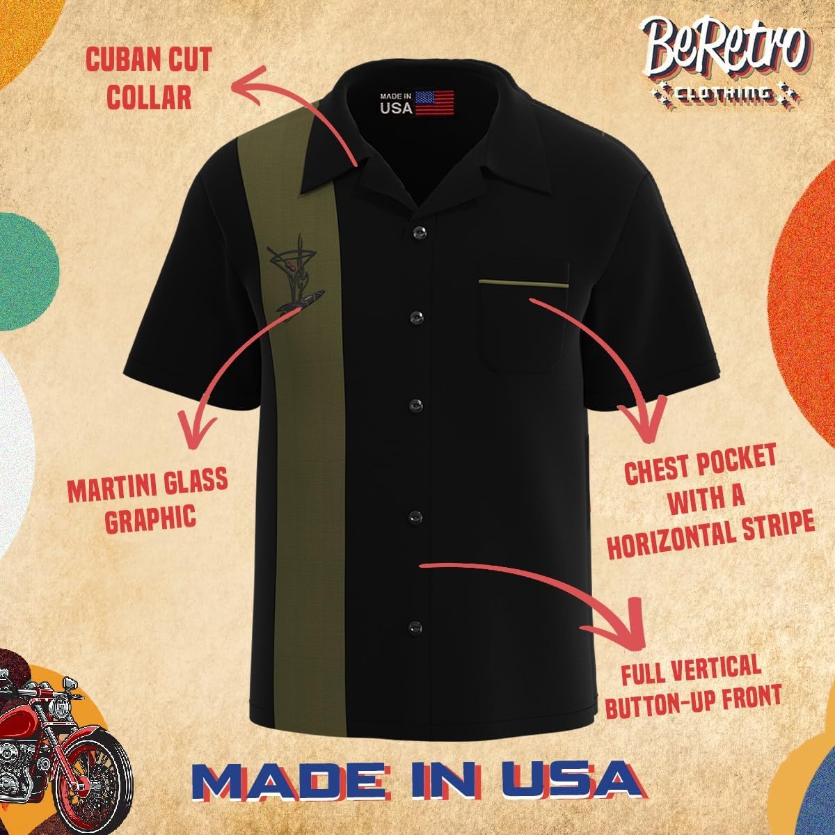 BeRetro Men's Cuban Collar Embroidered Cigar Shirt, Luxury, Lounge, Club, Dressy, USA Made Havanna