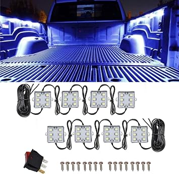 8Pcs LED Truck Bed Light Kit,Rear Work Box Lighting Kit,Cargo Pickup Bed Side Marker Rail Rock Light for Car RV w/Switch,Blue