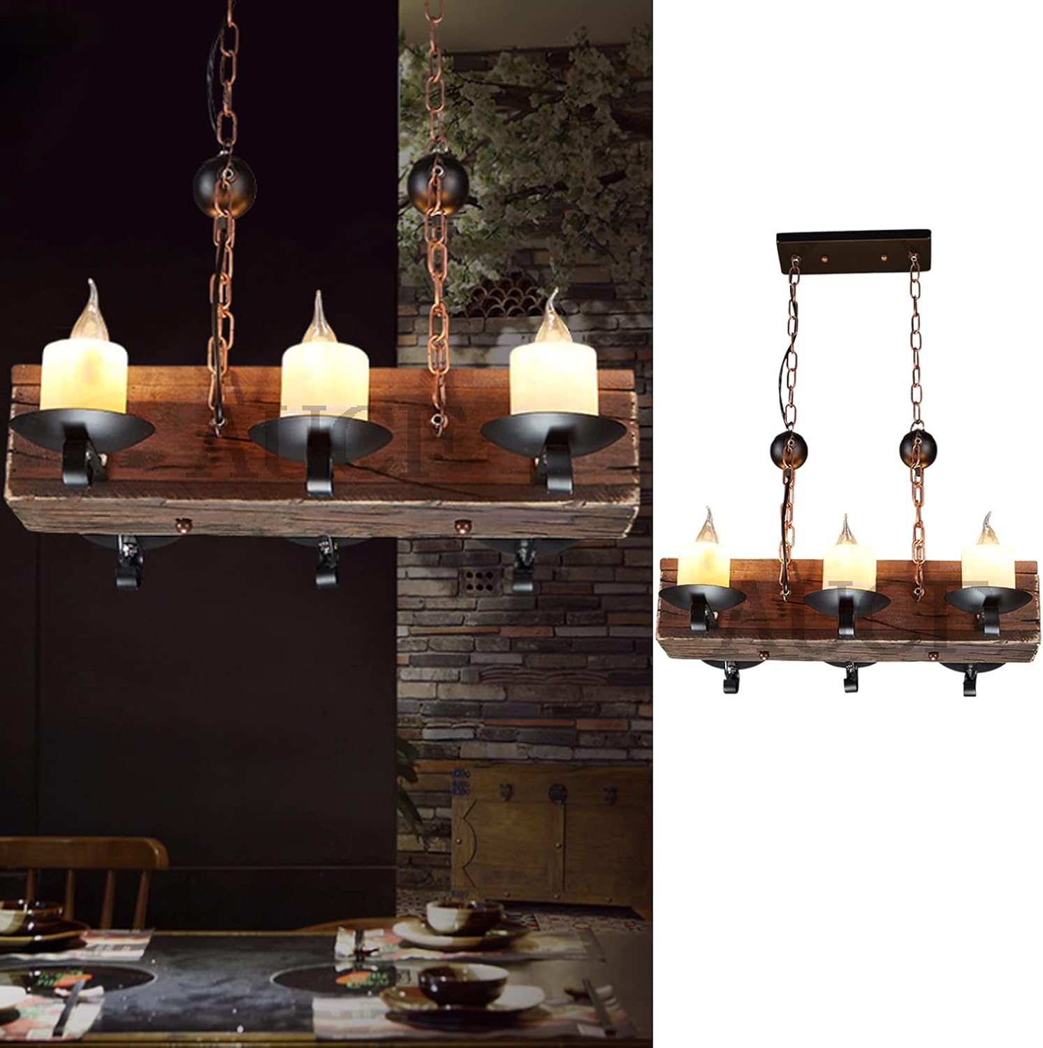 Lámpara Colgante Vintage LED Industrial Luz Pendiente Madera Retro Pantalla Vidrio Hierro Negro Araña De Luces Ajustable Altura Iluminación Interior Restaurante Sala Estar Bar Cafe Candelabro,6 heads