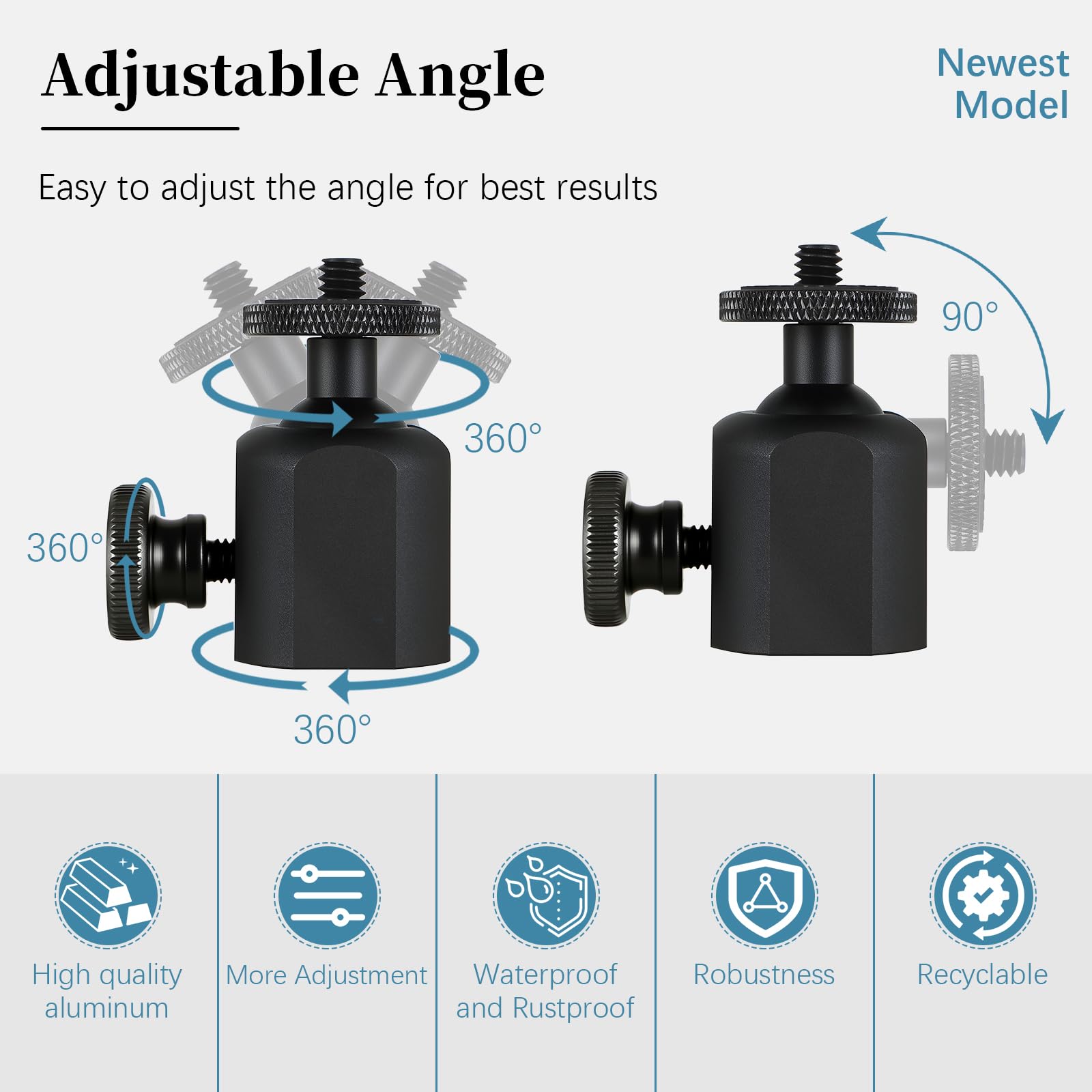 Testa a sfera Mini Ball Head con adattatore per flash da 1/4, girevole a 360°, con adattatore hot shoe per fotocamera e monitor LCD, microfono, luce LED, ecc. (nero x2)