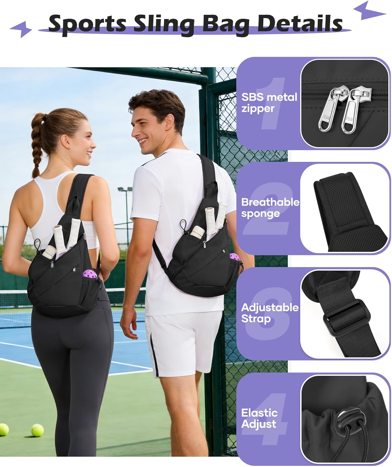 Black Pickleball Crossbody Sling Bag - Men's & Women's Pickleball Sports Backpack with Water Bottle Holder, Adjustable Pickleball - Image 5