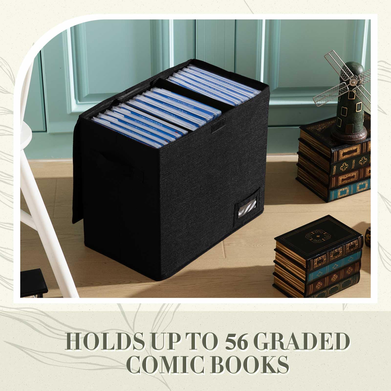 Comicbuch-Aufbewahrungsbox, abgestuft, 39,5 x 24,1 x 34,9 cm, faltbar, für 112 Comic-Bücher, Organizer mit Deckel, Labe 3 herausnehmbare Box-Trennwände, Schwarz, 4 Stück