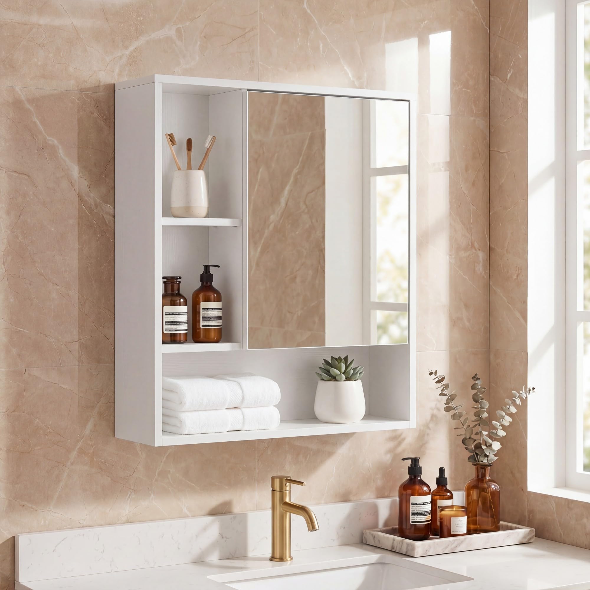 GIANTEX Armadio a Specchio da Bagno, Mobile Specchiera Bagno a Parete con Porta Singola e 3 Ripiani Aperti, Armadietto Pensile in Legno per per Lavanderia e Ingresso, 56 x 16 x 61 cm (Bianco)