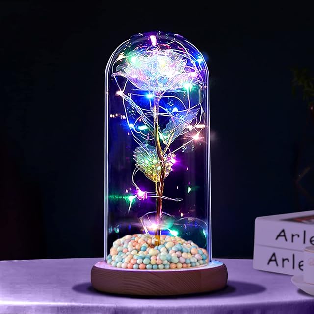 Valentines Day Gifts for Her Forever Rose Flower,Enchanted Artificial Rose with Colorful LED Light in Glass Dome,Romantic Present for Valentine's Day Mother's Day Anniversary Birthday Christmas