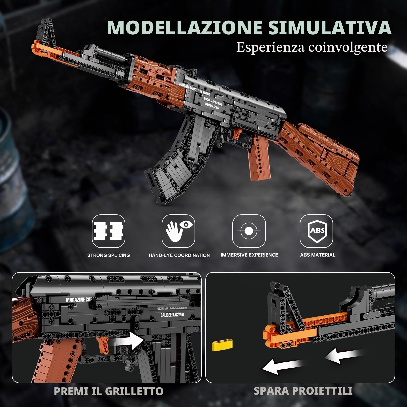 Reobrix Building Block Gun Toy Set per adulti, 1238 pezzi 1:1 AK-47 Model Kit, pistola militare da collezione per esposizione, regali ideali per gli appassionati militari 14+