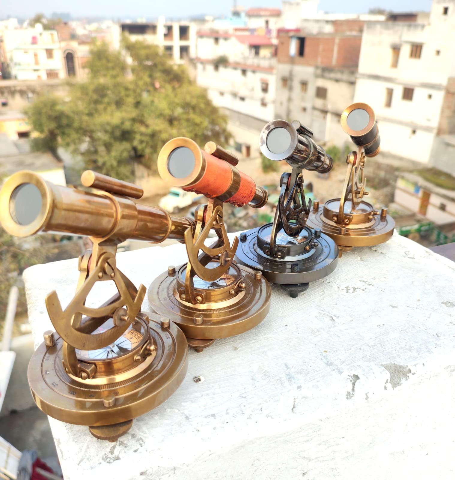 Set di 4 pezzi con finitura in ottone anticato nautico Alidate Marine Compass Survey strumenti di lavoro con scatola in pelle fatti a mano bello