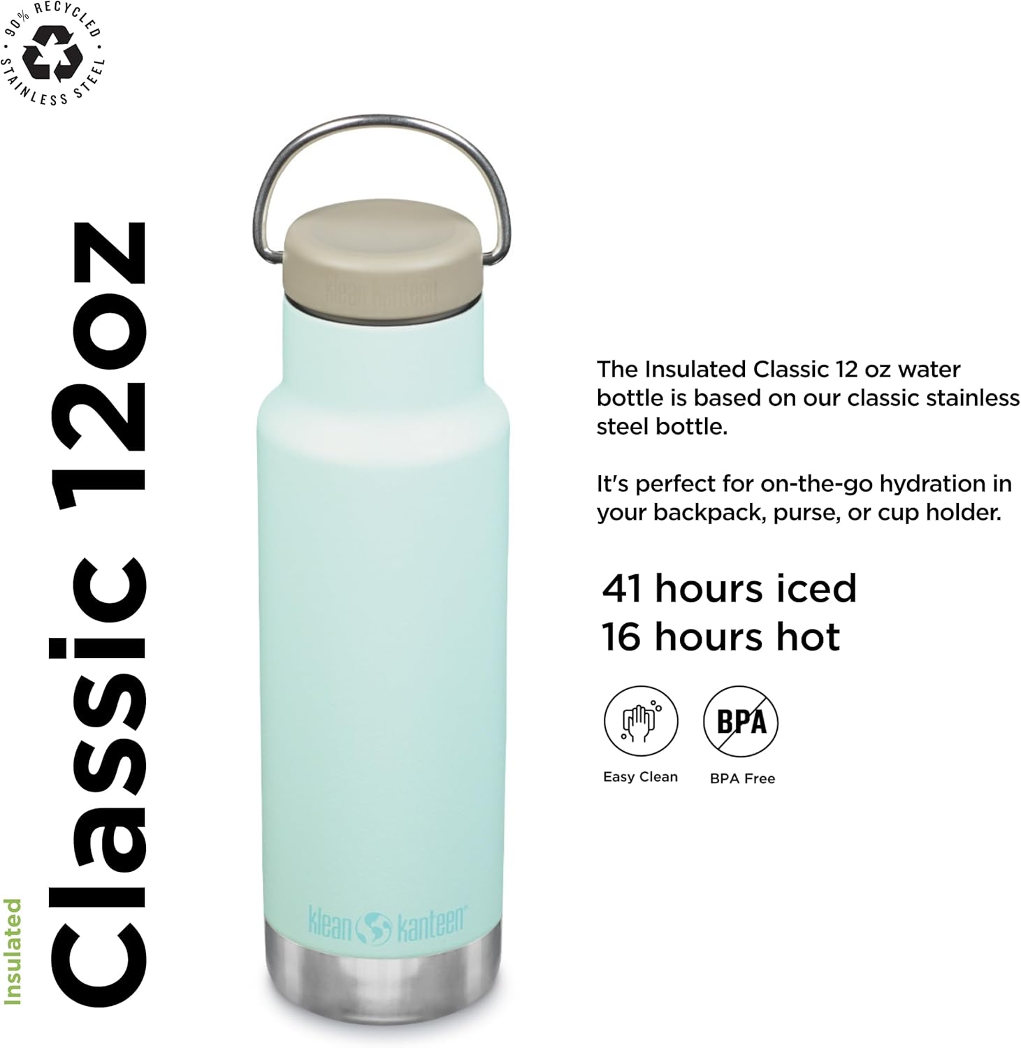 Klean Kanteen Classic Stainless Steel Double Wall Insulated Water Bottle with Loop Cap - Image 2