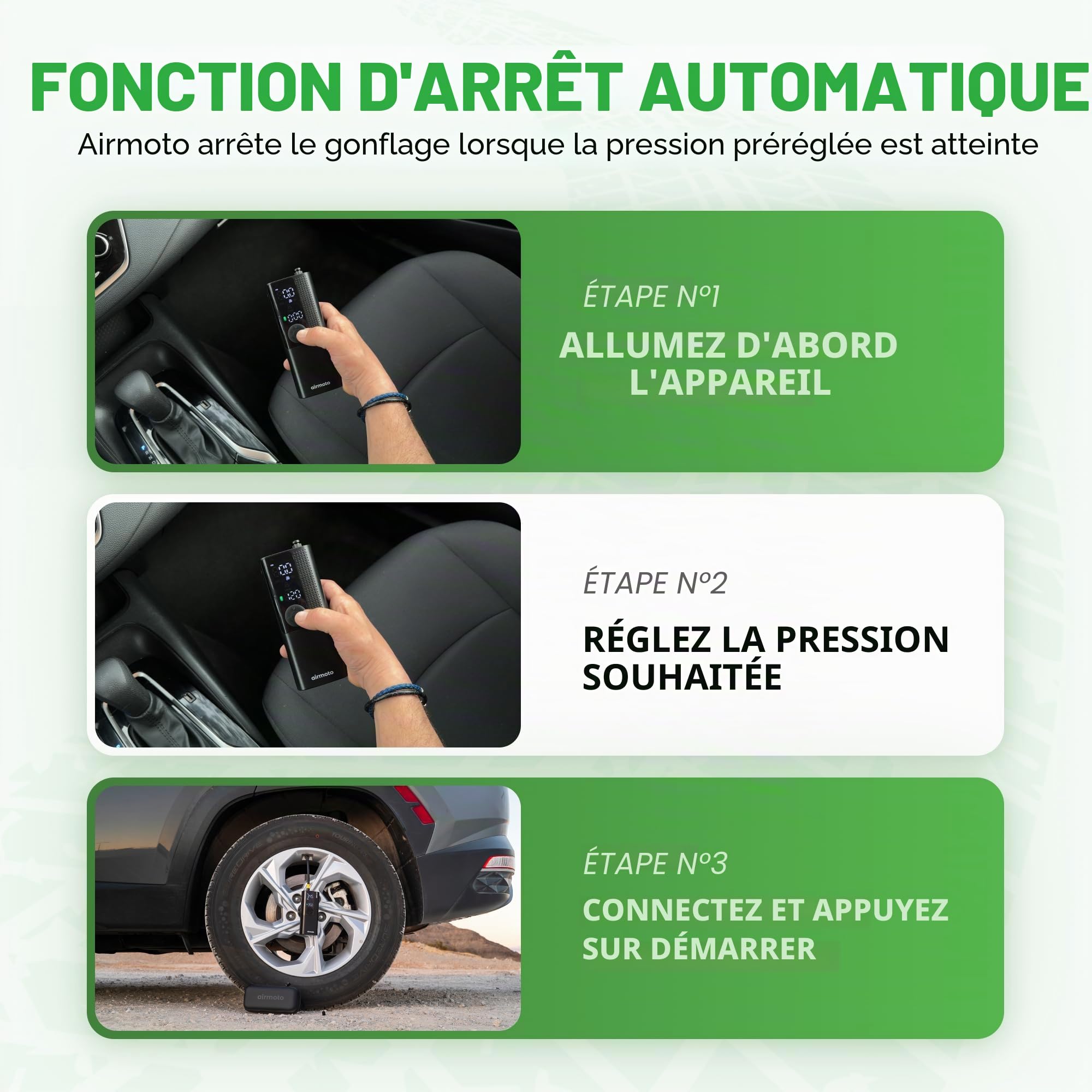 Airmoto Compresseur d'air portable – Pompe intelligente pour voiture, moto, vélo et plus – Comprend un manomètre de pression des pneus
