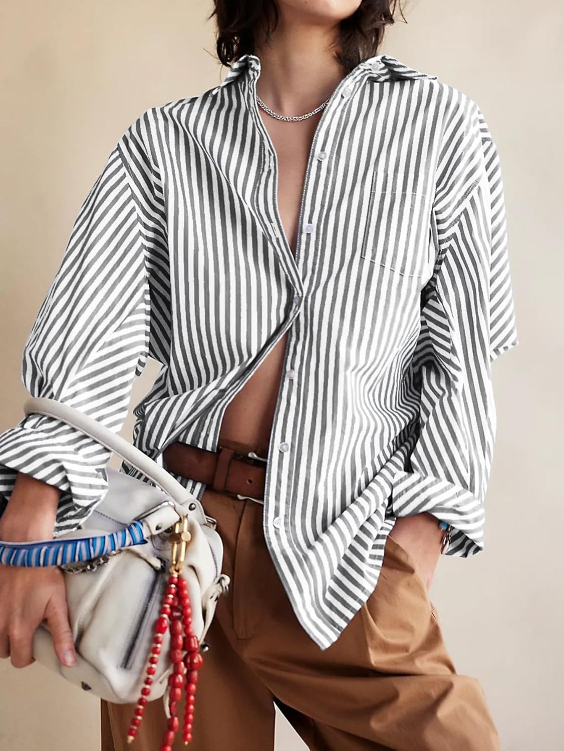 Besshopie Womens Button Down Shirts Stripe Long Sleeve Blouse Casual Work Office Shirt Oversize Tops - Image 2