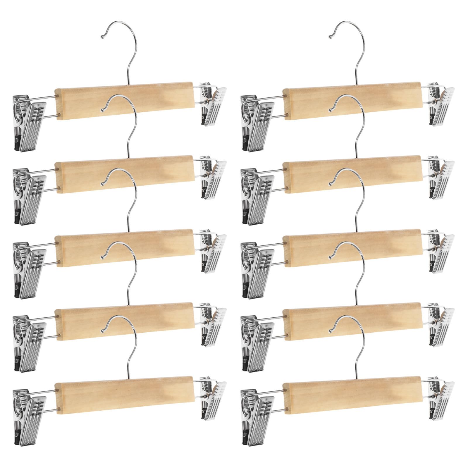 Ciieeo 10 Pezzi Stampelle per Pantaloni in Legno con Clip in Acciaio Inossidabile Resistenti e Versatili, per Pantaloni e Leggings, Salvaspazio per Armadio