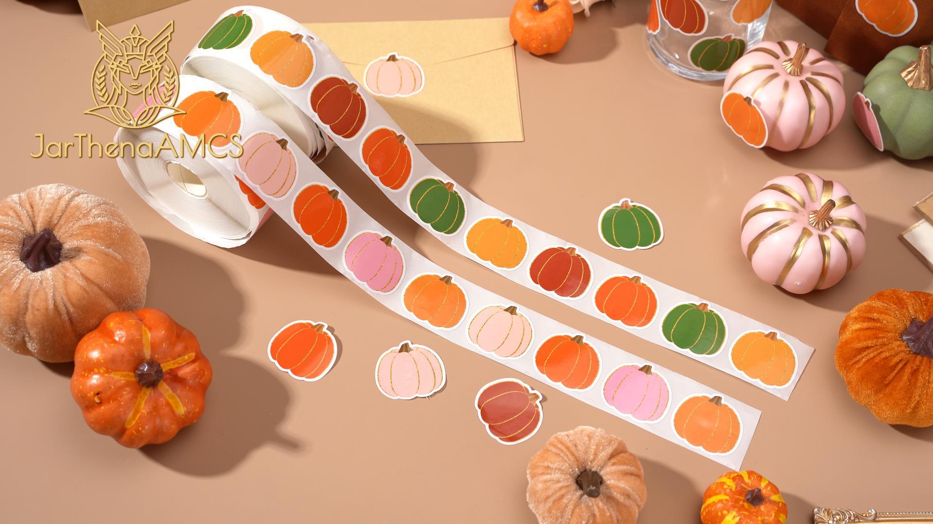 JarThenaAMCS 1000-Piece Fall Pumpkin Stickers Roll - Vintage Autumn & Thanksgiving Decals