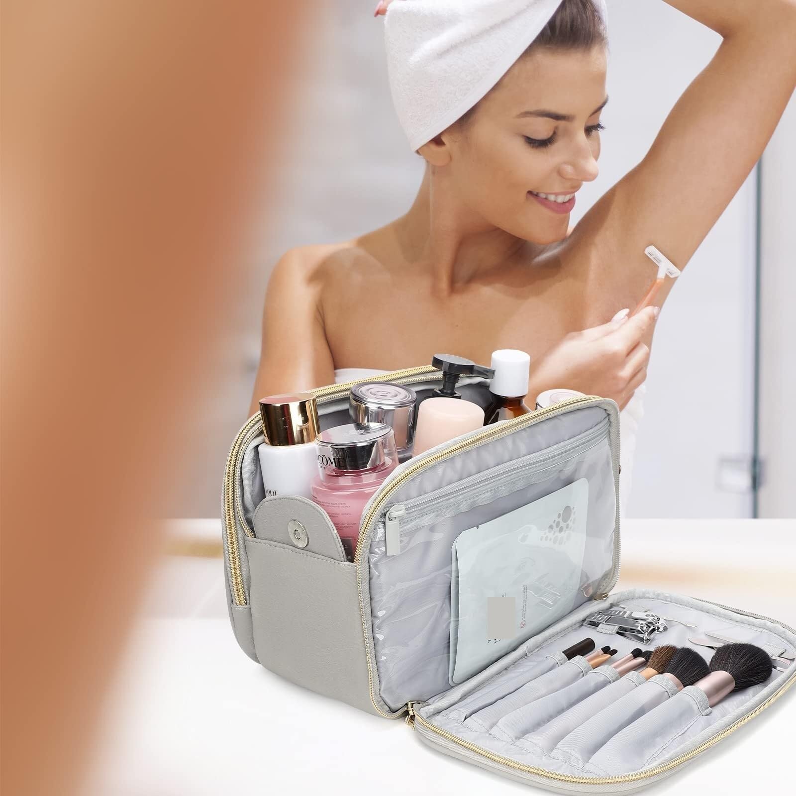 Kosmetiktasche Damen Reise-Kulturbeutel, Make-up-Tasche, Kulturbeutel for Damen, wasserdichte Leder-Kulturbeutel-Aufbewahrung Kulturbeutel
