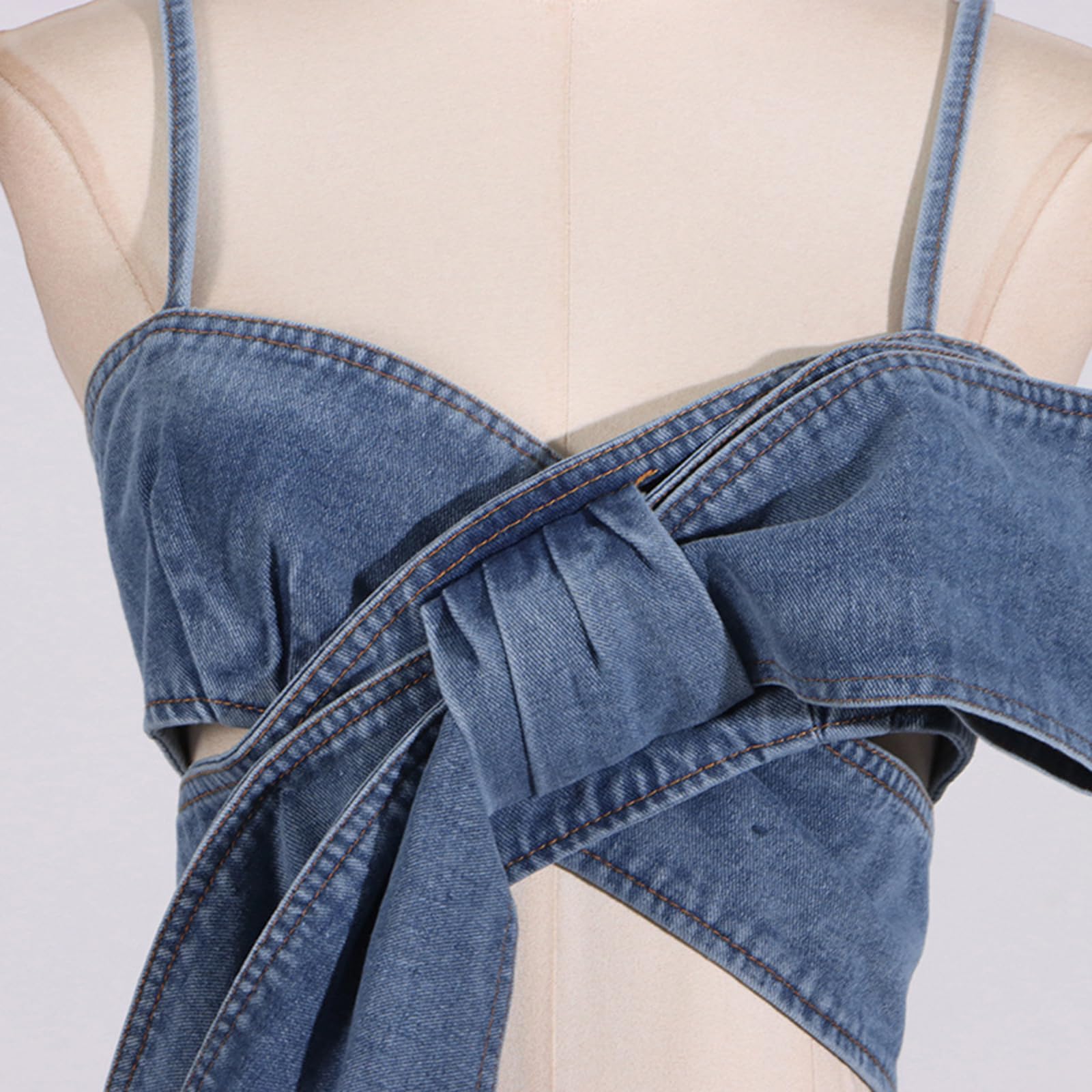 Canotte Corte Senza Maniche con Fiocco sul Davanti da Donna Canotte con Cinturino per Spaghetti in Denim Top A Fascia Sexy Bustier,Blu,XL
