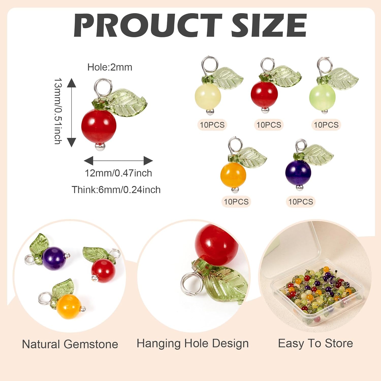 Cheriswelry 50pcs Natural Gemstone Fruit Charms Stone Beads Leaf Dangle Pendants Cute Hang Ornament Earring Bracelet Charms 13x12mm for DIY Craft Necklace Jewelry Making - Image 3