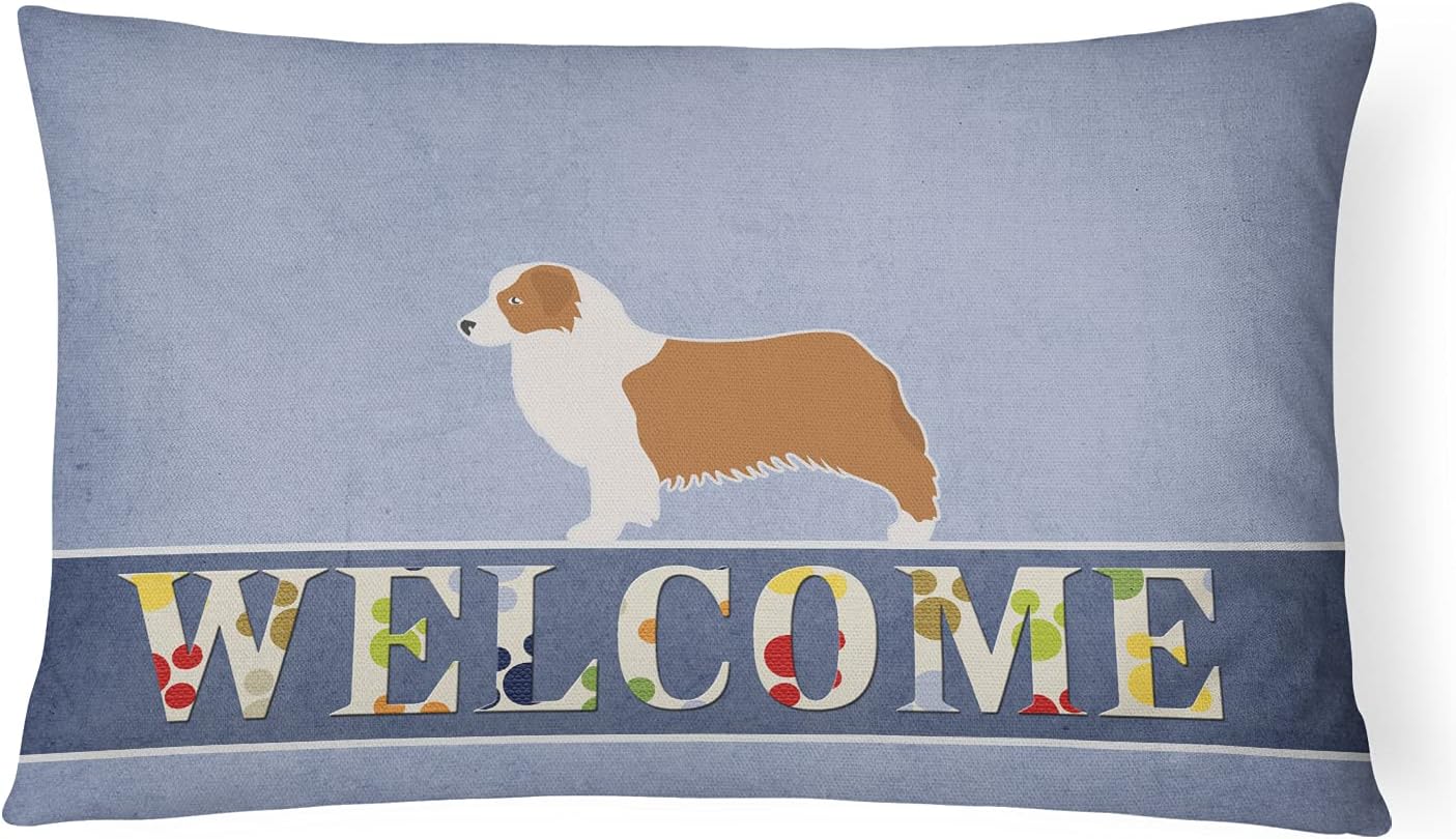 Caroline's Treasures BB5537PW1216 Australian Shepherd Dog Welcome Canvas Fabric Decorative Pillow Machine Washable, Indoor Outdoor Decorative Pillow for Couch, Bed or Patio, 12HX16W
