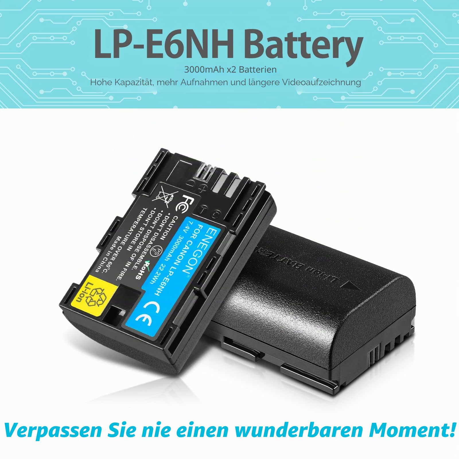 ENEGON LP-E6NH Li-Ion-Akku, hohe Kapazität, 3000 mAh, Ersatzakku für Canon EOS R, R5C, 5D Mark II, 5D III, 5D IV, 5DS, 5DSR, 6D, 7D, 7D II, 7D III, 80D, 70D, 60Da, XC10, XC15
