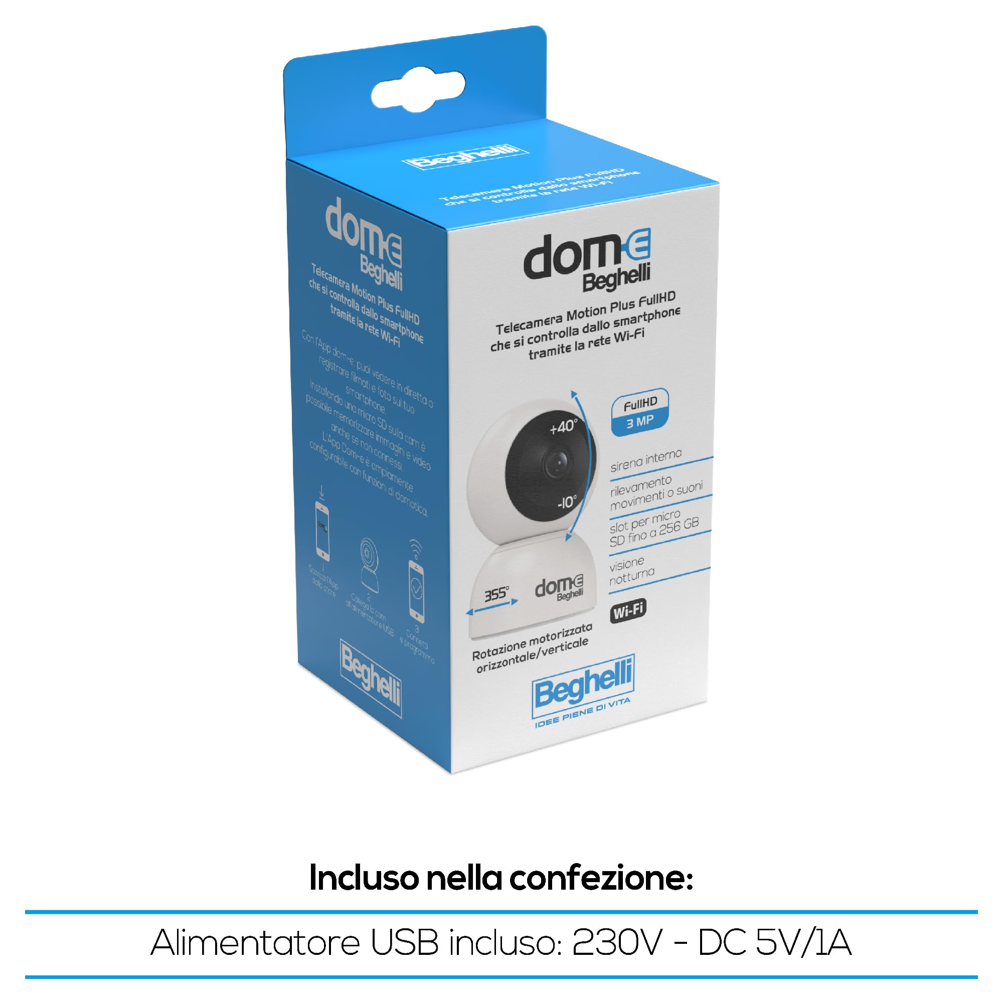 Beghelli Videocamera di Sorveglianza Dom-e Motion Plus Orientabile da App Full HD - Controllo Smartphone, Wi-Fi, Led Infrarossi, Rotazione Motorizzata, Visione Notturna fino a 10 Metri (Colore Bianco)
