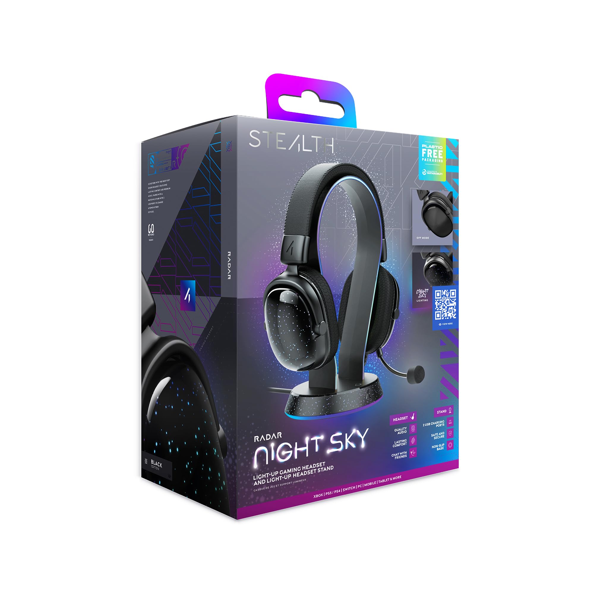 STEALTH RADAR Ensemble casque de jeu lumineux et support – Ciel nocturne, compatible avec consoles de jeu et PC