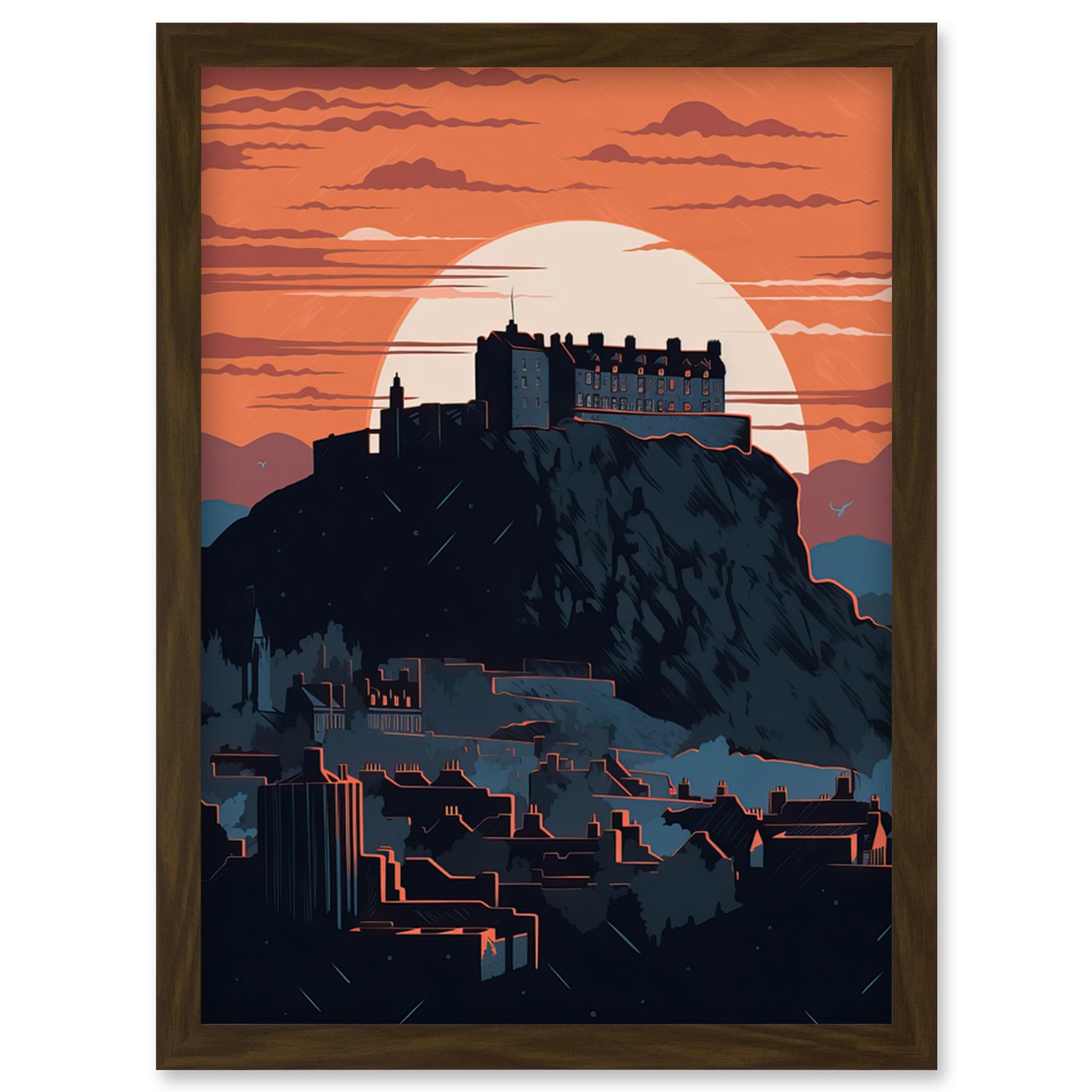 Artery8 Edinburgh Castle and Old Town Atmospheric Sunset Artwork Framed Wall Art Print A4